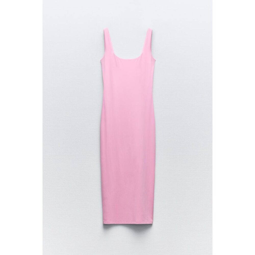 Pink Zara Form Fitting Fitted Wide Shoulder Strap Long Midi Dress (NWT)